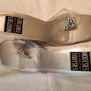 Mootsies Tootsies Silver Heels Clear Strap Rhinestone Heart Sandals Slip-On